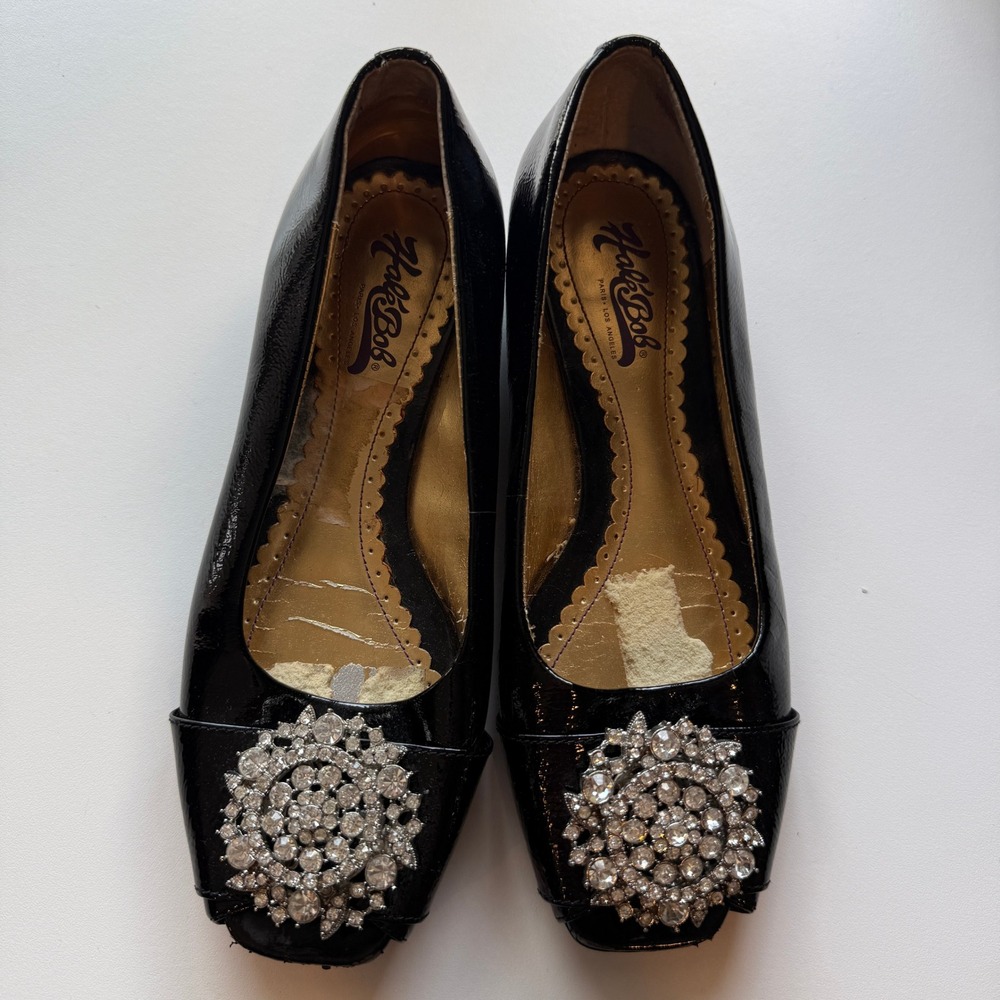 Hale Bob Black Patent Leather Rhinestone Brooch Open Toe Flats Womens 5.5 M